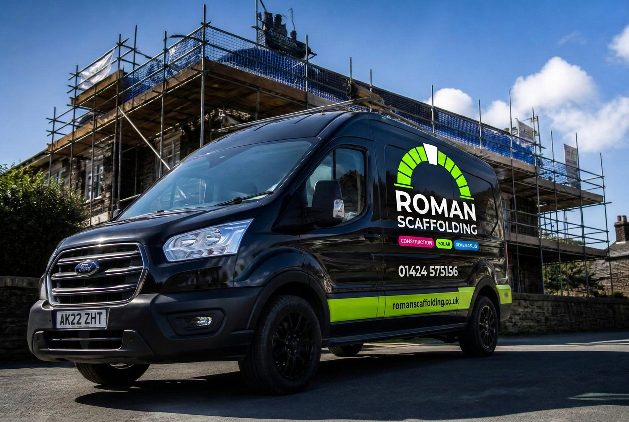 Roman Scaffolding van in front of a fully erected scaffold in East Sussex